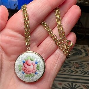 Vintage Guilloche Handpainted Pink Rose Enamel Gold Tone Locket Necklace